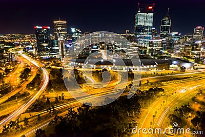 Aerial long exposure of the nighttime skyline and the traffic of the city of Perth, Australia Editorial Stock Photo