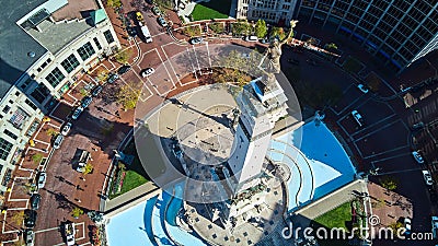 Aerial looking down at Soldiers and Sailors Monument and monument circle in Indianapolis, Indiana Stock Photo