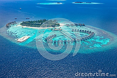 Aerial Maldives landscape. Luxurious summer island view from above. Tropical resort Stock Photo