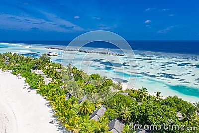 Maldives paradise island. Tropical aerial landscape, seascape water bungalows villas with amazing sea lagoon beach Stock Photo