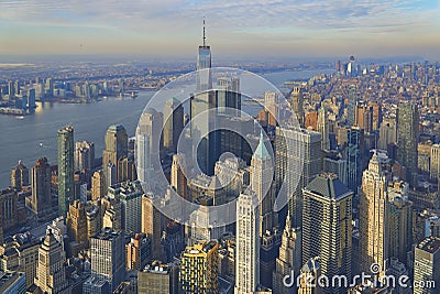 Aerial of the Manhattan financial district with modern office towers in New York City Stock Photo