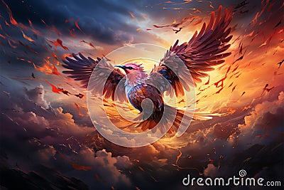 Aerial masterpiece Abstract bird emerges from sunsets embrace in cloud symphony Stock Photo