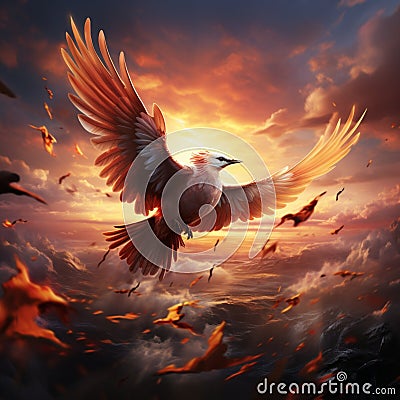 Aerial masterpiece Abstract bird emerges from sunsets embrace in cloud symphony Stock Photo