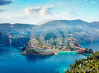 Aerial morning cityscape of Asos village on the west coast of Cephalonia island , Greece, Europe. Amazing summer sescape of Ionian Stock Photo