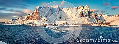 Aerial morning cityscape of Reine town. Panoramic view of Lofoten Island Stock Photo