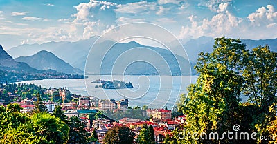 Aerial morning cityscape of Stresa town. Amazing summer view of Maggiore lake, Province of Verbano-Cusio-Ossola, Italy, Europe. Tr Stock Photo