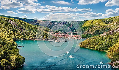 Aerial morning vire of Krka National Park, Prokljansko lake, Croatia, Europe. Picturesque summer cityscape of Skradin port. Beauti Stock Photo