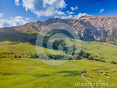 Aerial of a mountainous landscape in the Dolemites. Stock Photo