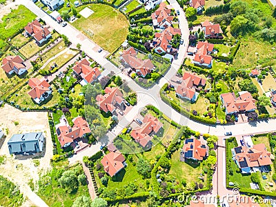 Aerial of new construction luxury residential neighborhood street single family homes real estate Stock Photo