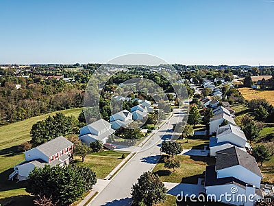 Aerial of New Freedom and surrounding Farmland in Southern Pennsylvania during Fall Stock Photo