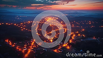 Aerial night cityscape with communication network 5g data transmission network grid Stock Photo