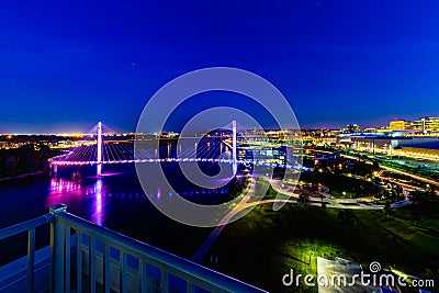 Aerial night photo of Bob Kerrey foot bridge Omaha Nebraska USA Stock Photo