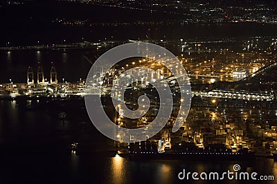 Aerial night photo of the port of Oakland, California in San Francisco Bay Stock Photo