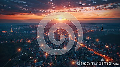 Aerial night scene of city grid with light concept of data connectivity Stock Photo