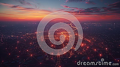 Aerial night scene of city grid with light concept of data connectivity Stock Photo