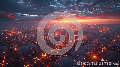 Aerial night scene city infrastructure for telecommunication with data light grid Stock Photo