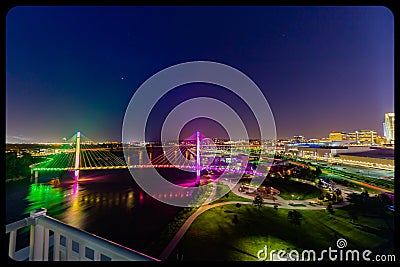 Aerial night scene view of Bob Kerrey bridge and downtown Omaha Nebraska Stock Photo