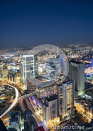 Aerial night shot of Beirut Lebanon , City of Beirut, Beirut city scape Editorial Stock Photo