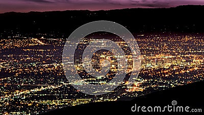 Aerial night view of the brightly illuminated downtown area of San Jose, Silicon Valley, California Stock Photo