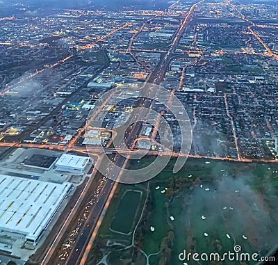 Aerial night view of a city neighborhood Stock Photo