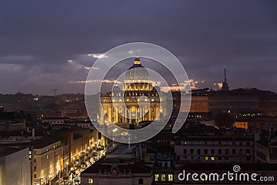 Aerial night view of St. Peters Basilica, Rome, Italy Stock Photo