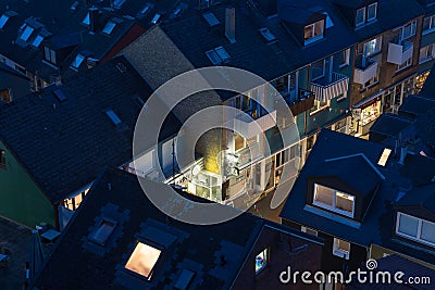 Aerial night view village Helgoland with lluminated main street Editorial Stock Photo