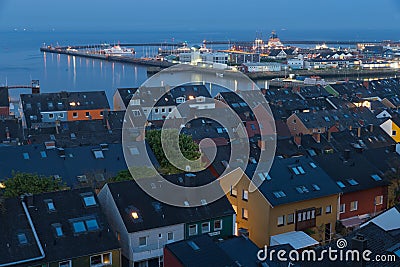 Aerial night view Helgoland with view at harbor and northsea Editorial Stock Photo