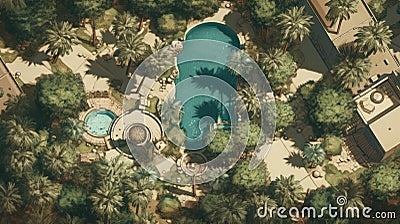 Aerial Oasis: Delicately Rendered Landscapes Of Pool And Palm Trees Cartoon Illustration