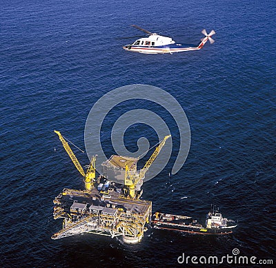 Aerial Offshore Australia a helicopter circles to land on West Tuna Platform. Editorial Stock Photo