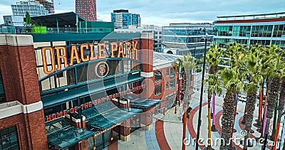 Aerial Oracle Park Home of the San Francisco Giants sign and entrance with palm trees Editorial Stock Photo
