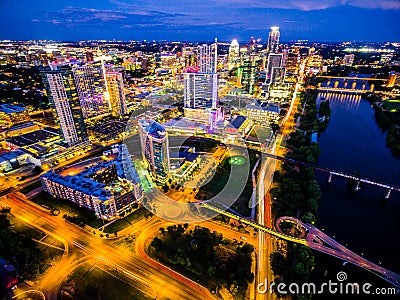 Aerial Over Austin Texas Night Cityscape Over Town Lake Bridges Urban Capital Cities Colorful Cityscape Stock Photo