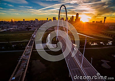 Aerial Over Bridges Dallas Texas Dramatic Sunrise Margaret Hunt Hill Bridge and Reunion Tower Editorial Stock Photo