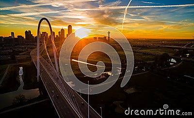 Aerial Over Bridges Solar Flare Sunrise Dallas Texas Dramatic Sunrise Margaret Hunt Hill Bridge and Reunion Tower Editorial Stock Photo