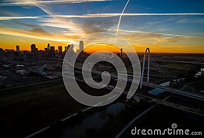 Aerial Over Dallas Texas Dramatic Sunrise Margaret Hunt Hill Bridge and Reunion Tower Editorial Stock Photo