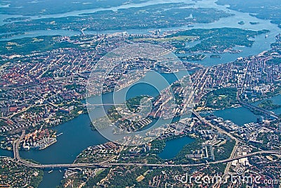 Aerial over Stockholm Sodermalm Old Town island Essingeleden Dju Stock Photo