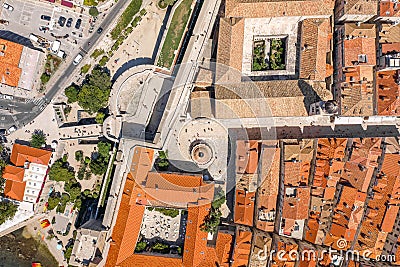Aerial overhead drone shot of Pile gate of Dubrovnik old town Stradun street in Croatia summer noon Stock Photo