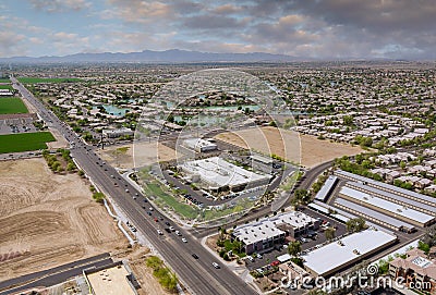 Aerial overlooking desert small town a Avondale city of beautiful highway Arizona on the mountain with traffic line in Interstate Stock Photo