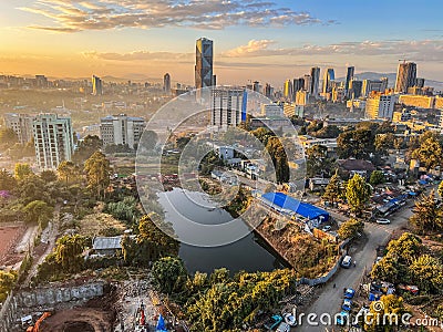 Aerial overview of Addis Abeba city, the capital of Ethiopia, showing brand new buildings and construction in the foreground, city Editorial Stock Photo