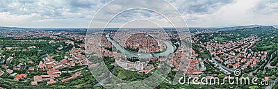 Aerial panarama drone shot of Verona medieval city from Castel Pietro Stock Photo