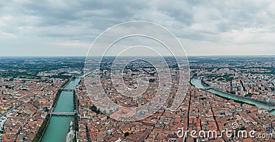 Aerial panarama drone shot of Verona medieval city from Castel Pietro Stock Photo