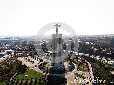 Aerial panorama of Christ the King Sanctuary Cristo Rei statue catholic christian monument in Alameda Lisbon Portugal Stock Photo