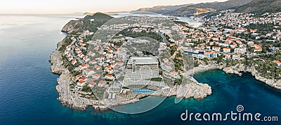 Aerial panorama drone shot of Dubrovnik Lapad peninsula area before sunrise in Croatia morning Stock Photo