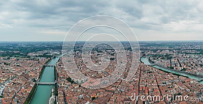 Aerial panorama drone shot of Verona medieval city from Castel Pietro Stock Photo