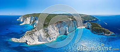 Aerial panorama drone shot of Zakynthos north end with Navagio beach and yachts in Ionian sea Stock Photo