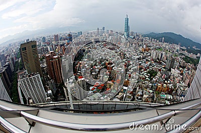 Aerial panorama fisheye view over Taipei, capital city of Taiwan, with Taipei 101 Tower among skyscrapers Stock Photo