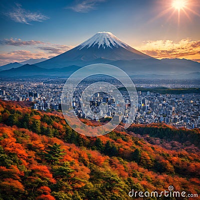 Aerial Panorama Landscape of Fuji Mountain. Iconic and Symbolic Mountain of Japan. Scenic Sunset Landscape of Fujisan Stock Photo