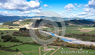 aerial panorama of the Ohau River to the Tararua Range Stock Photo