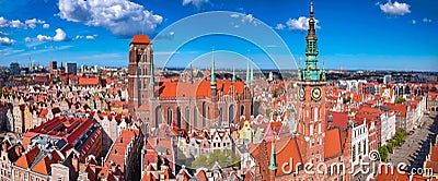 Aerial panorama of the old town in Gdansk with amazing architecture at summer, Poland Stock Photo