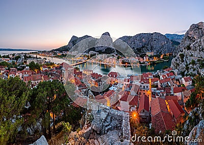 Aerial Panorama of Omis and Cetina River Gorge in the Evening Stock Photo