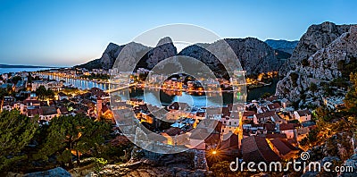 Aerial Panorama of Omis and Cetina River Gorge in the Evening Stock Photo